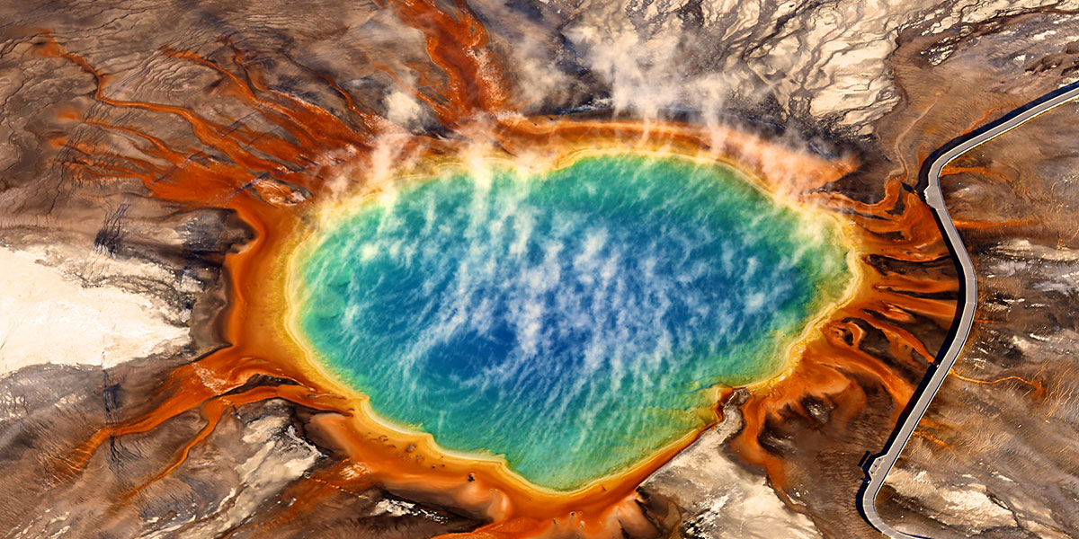 Aerial photo of Yellow Stone's Grand Prismatic Springs