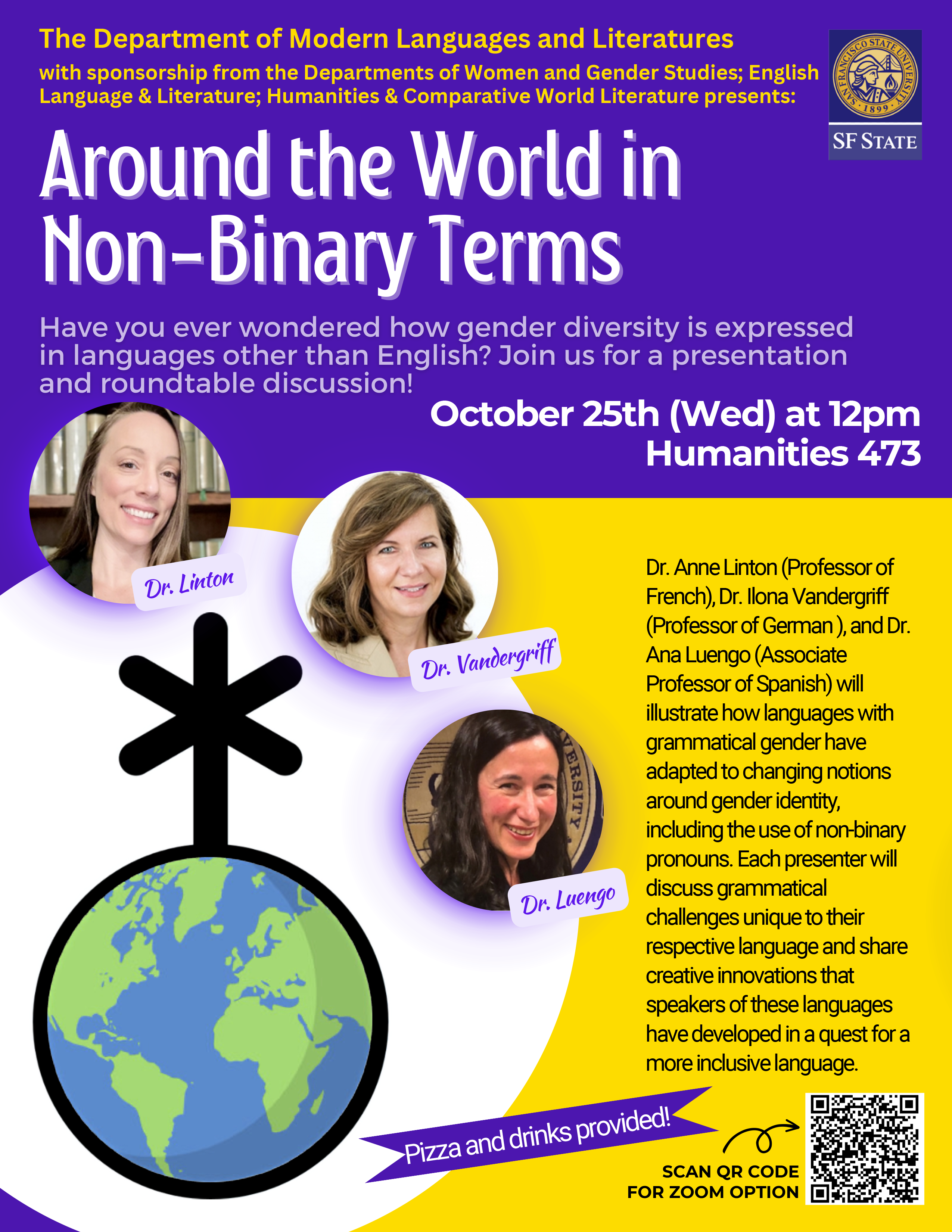 Purple and yellow flyer with globe and 3 women professors