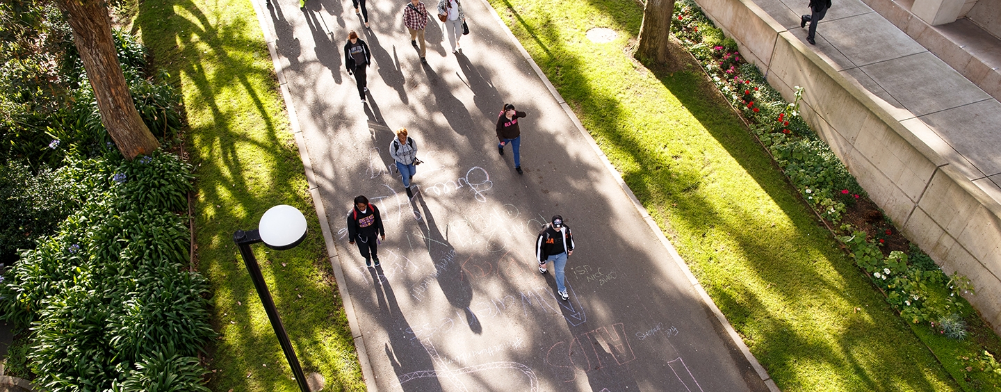Overhead view of students walking along campus path