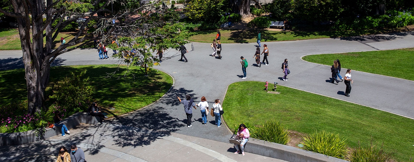 Overhead view of students walking through the quad