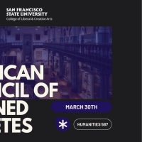 Poster with a black and blue background advertising an event for the American Council of Learned Societes