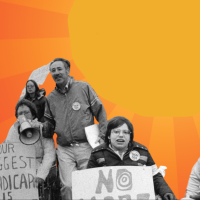 A graphic sun as the background, with black and white photos of protestors.