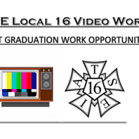 Illustration of color tv next to IATSE union logo