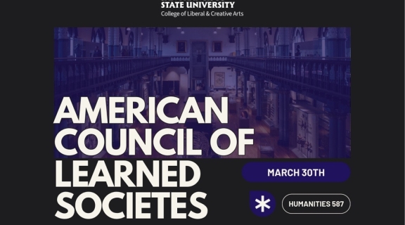 Poster with a black and blue background advertising an event for the American Council of Learned Societes
