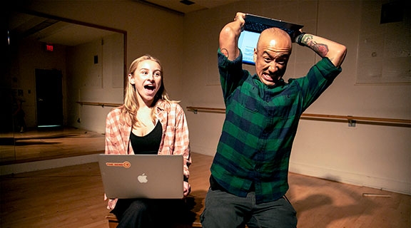 sfsu female student sitting with laptop on lap on image left and sfsu male student sitting with arms raised behind head holding laptop in throwing position on image right