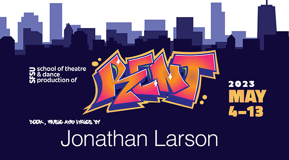 RENT rendered in graffi-style lettering. Books, music and lyrics by Jonathan Larson