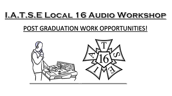 Illustration of audio engineer next to IATSE union logo
