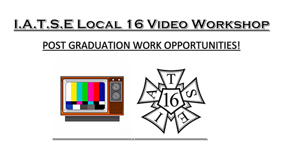 Illustration of color tv next to IATSE union logo